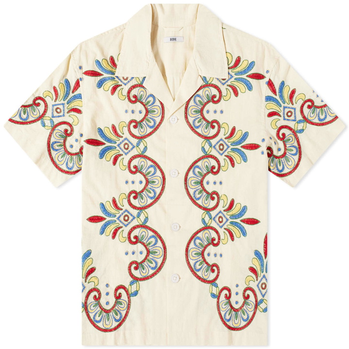 Photo: Bode Men's Embroidered Carnival Vacation Shirt in Ecru Multi