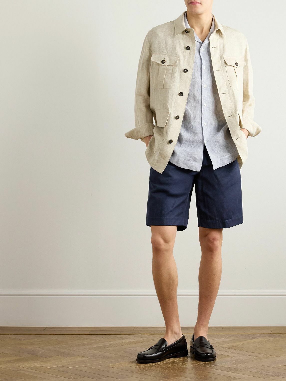 Incotex - Venezia 1951 Straight-Leg Cotton and Linen-Blend Twill Drawstring Bermuda Shorts - Blue
