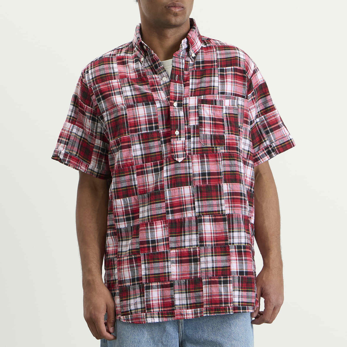 Beams Plus Men's Pullover Patchwork Masras Shirt in Red Patchwork