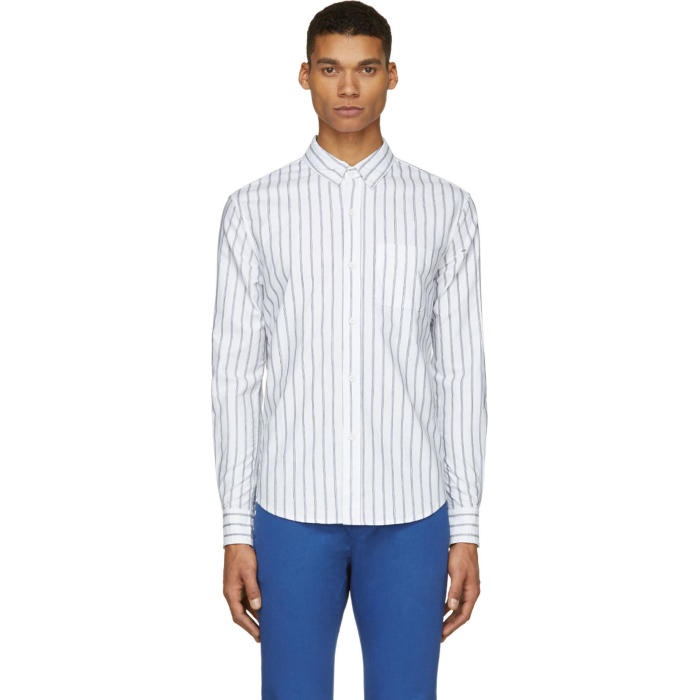 Photo: Band of Outsiders White and Blue Pinstriped Logo Shirt