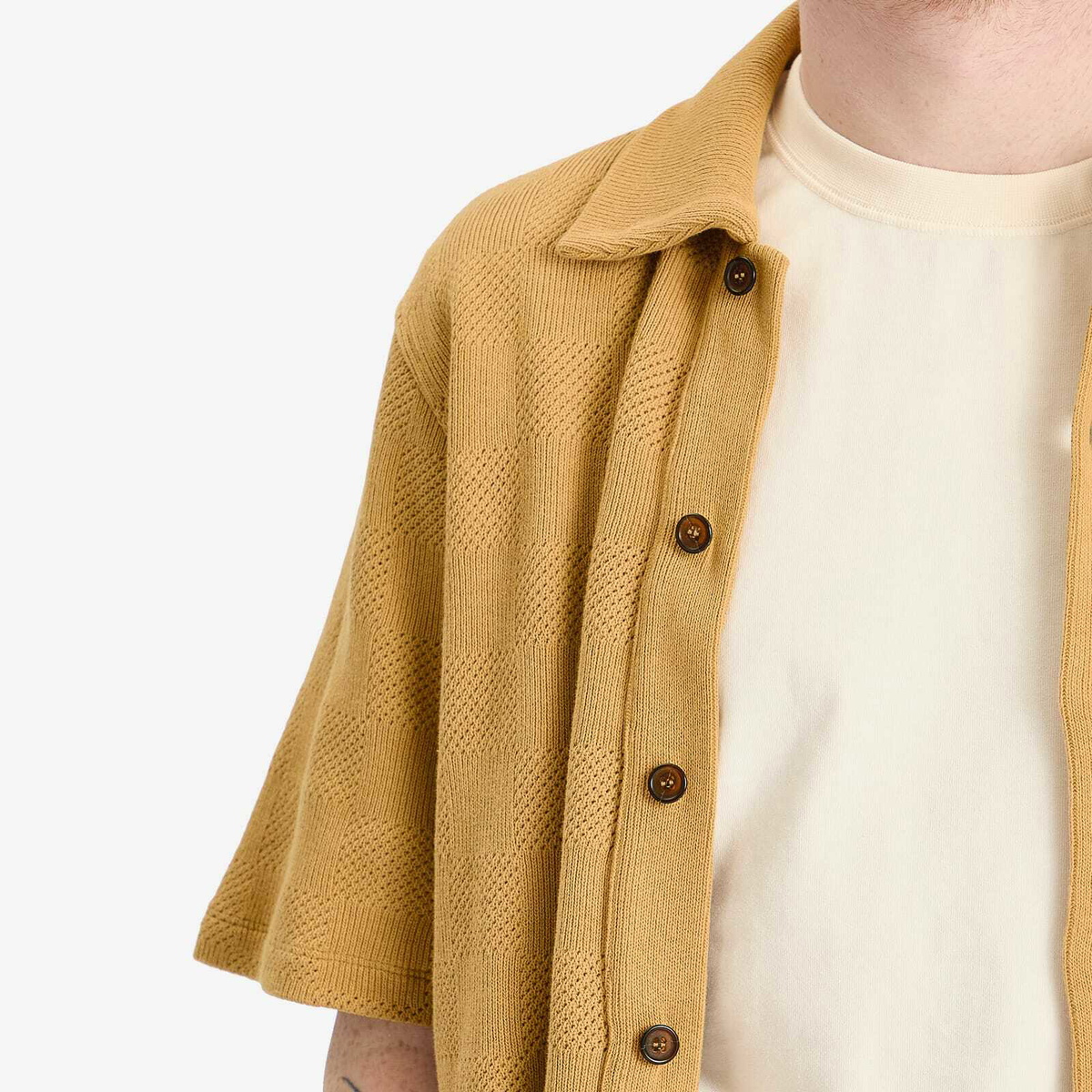 Universal Works Men's Checkerboard Button Through Polo in Sand
