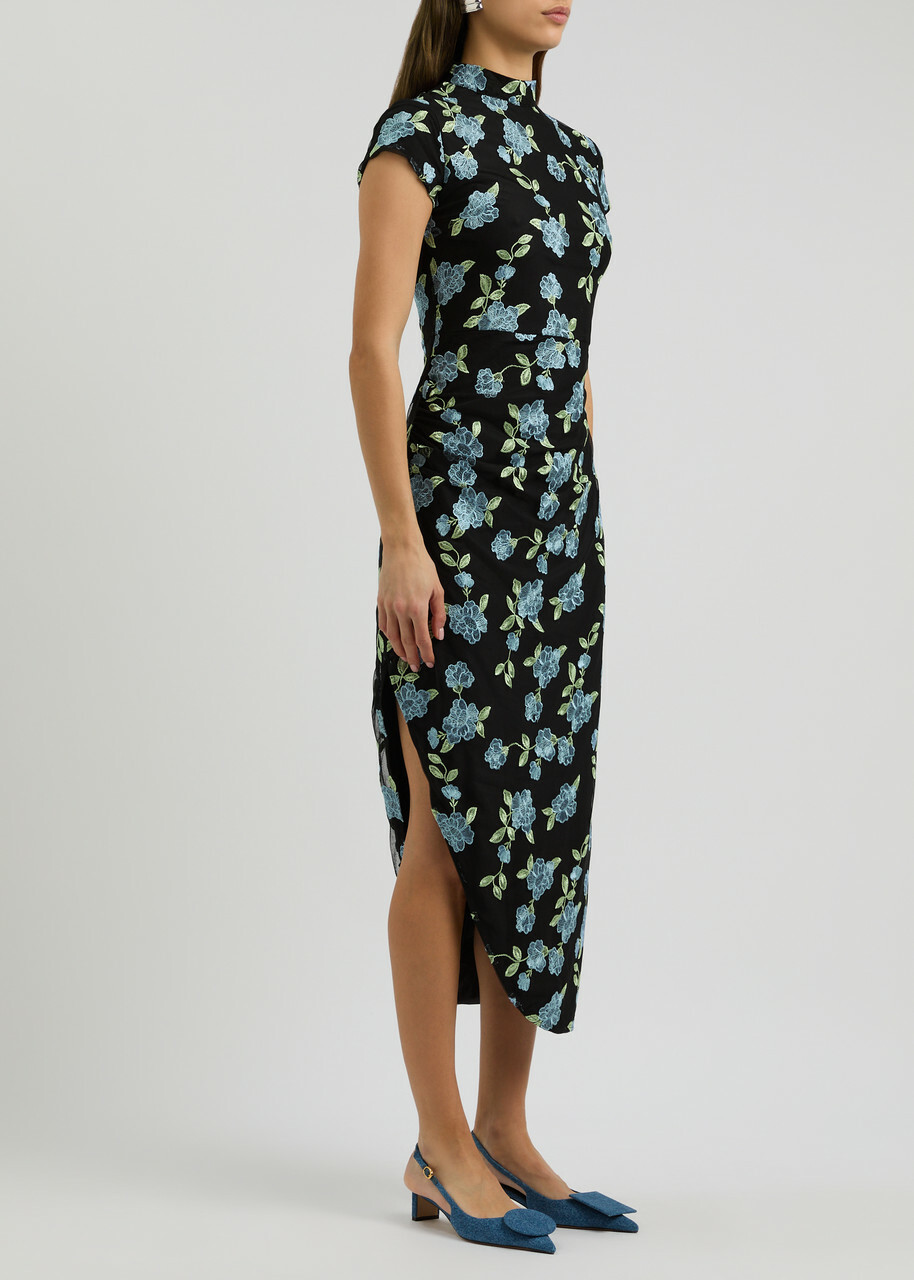 Rotate Sunday Floral-embroidered Tulle Midi Dress Black