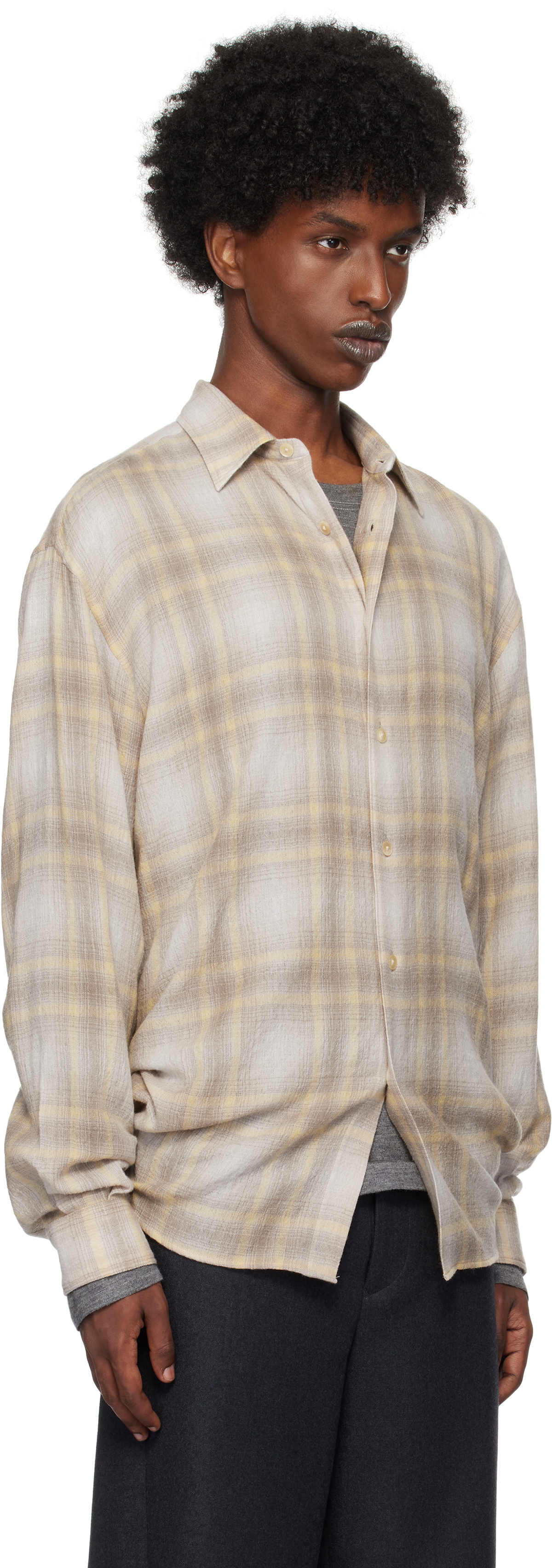 AURALEE Yellow & Gray Airy Wool Check Shirt Auralee