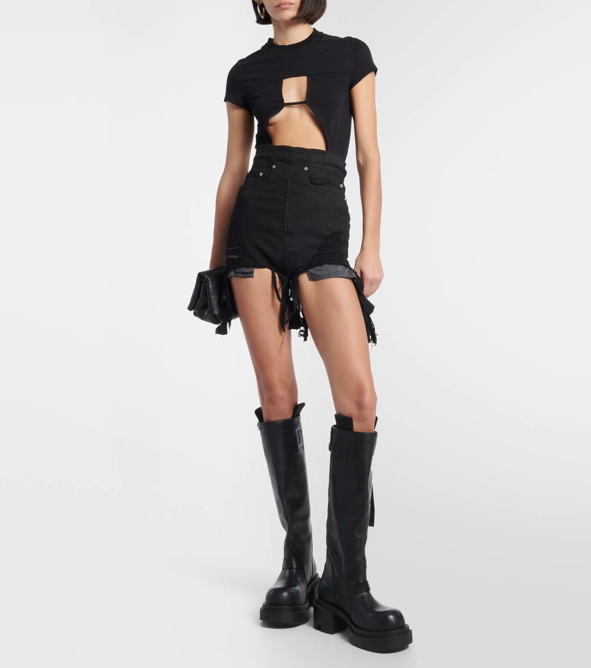 Rick Owens DRKSHDW distressed high-rise denim shorts Rick Owens