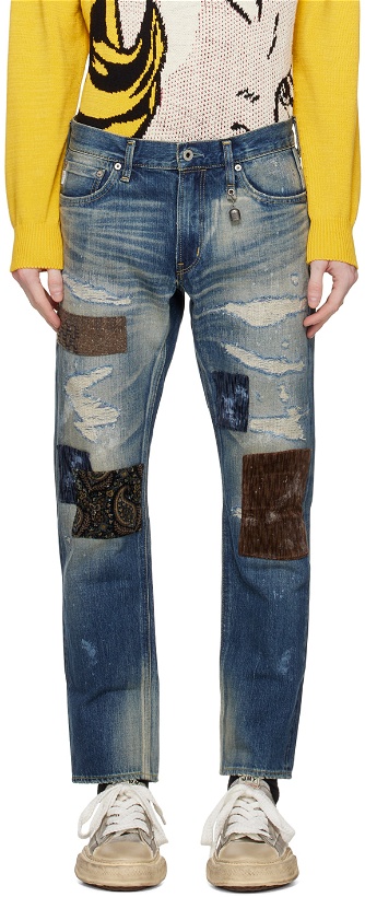 Photo: FDMTL Blue Patchwork Slim-Fit Jeans