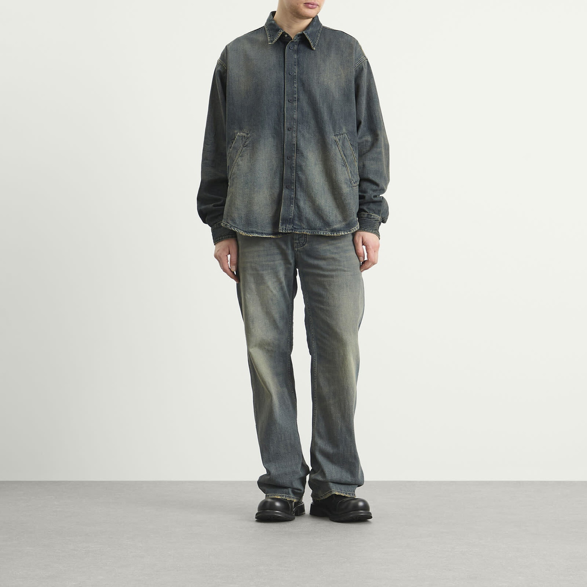 Balenciaga Men's Dark Wash Denim Overshirt in Navy/Green/Yellow
