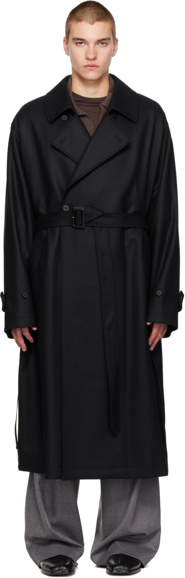 ssstein Black Wool Melton Oversized Double Breasted Coat