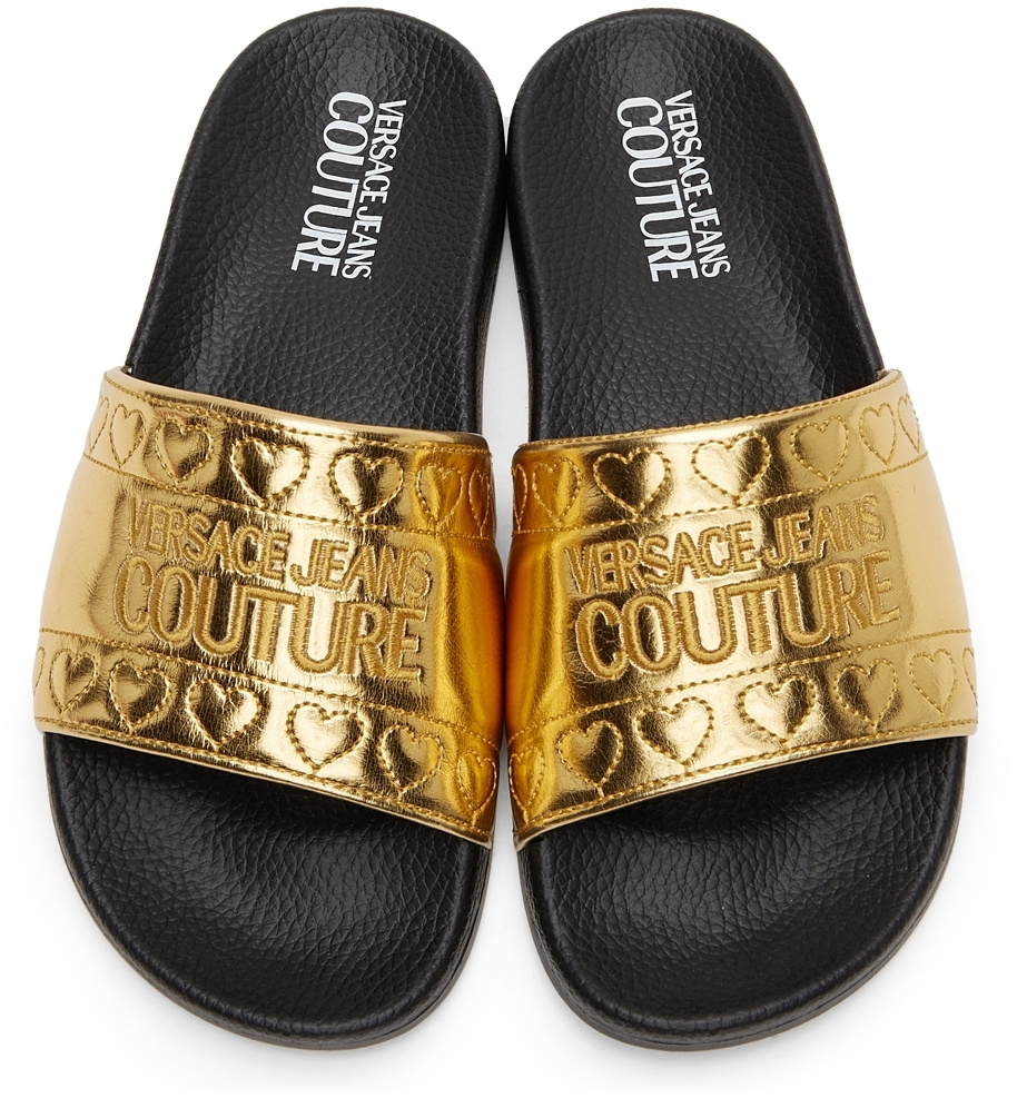 Versace Jeans Couture Gold Laminated Logo Slides Versace