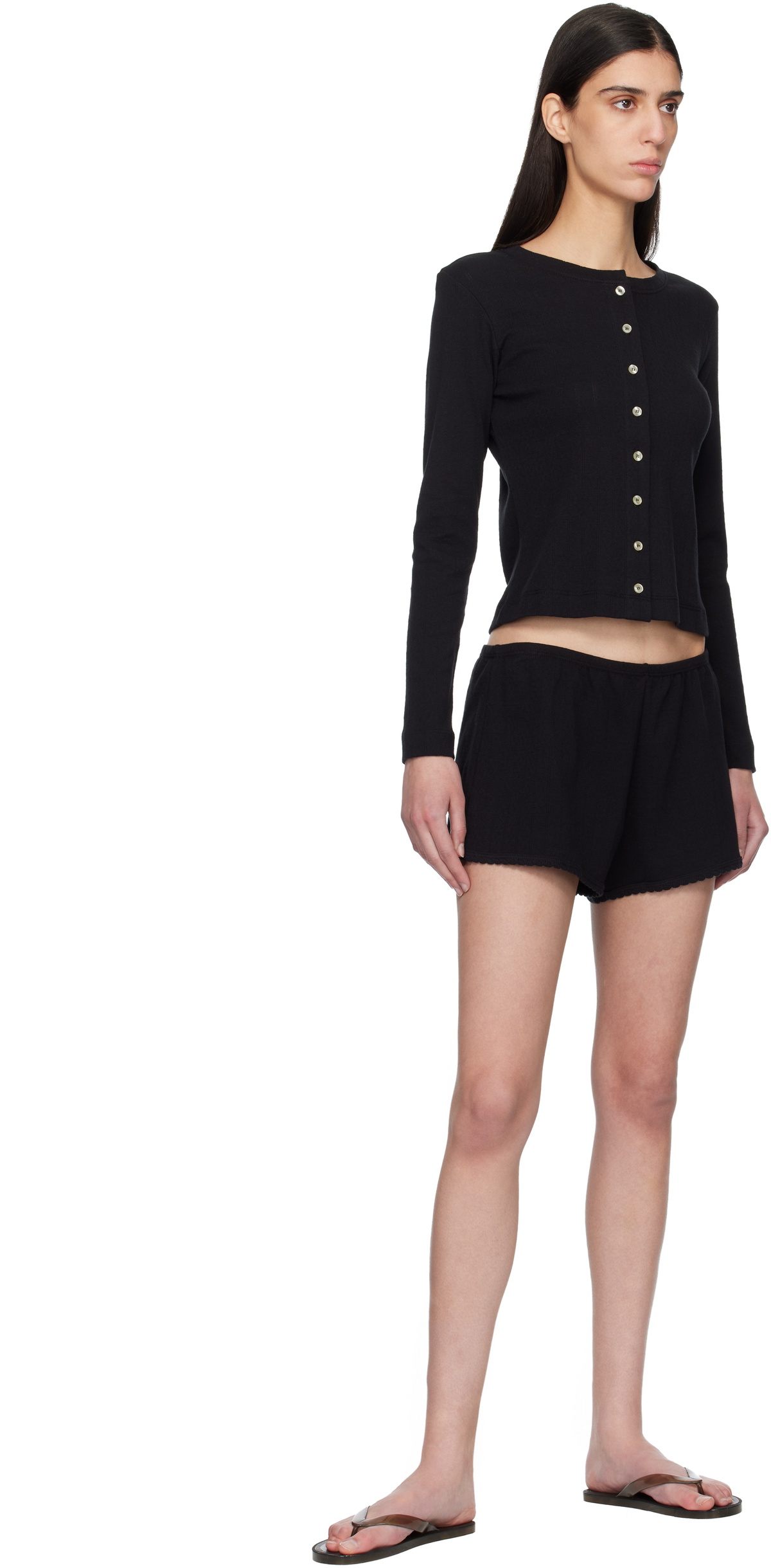 LESET Black Pointelle Classic Crew Cardigan
