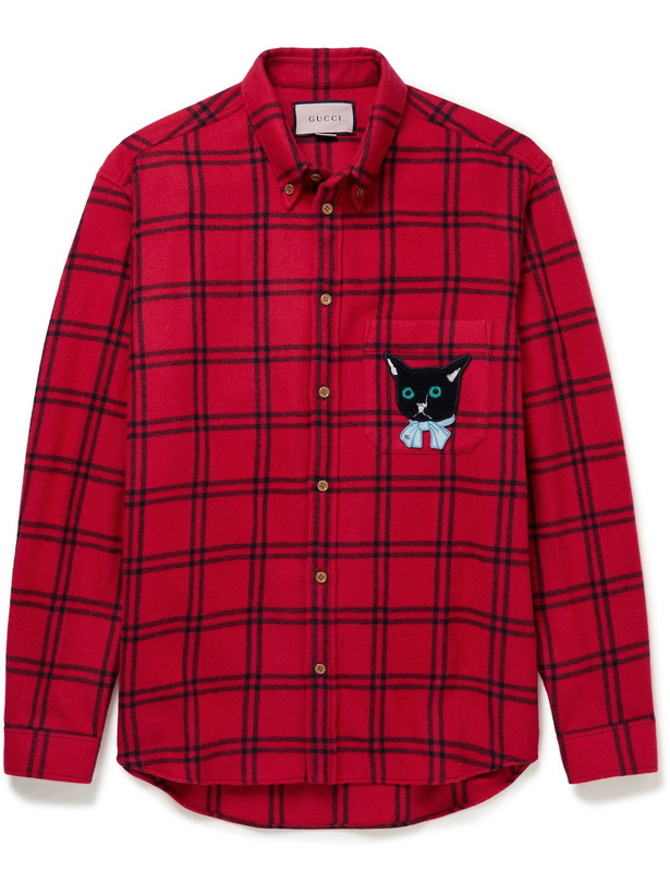 Photo: Gucci - Oversized Button-Down Collar Appliquéd Checked Wool-Blend Flannel Shirt - Red