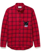 Gucci - Oversized Button-Down Collar Appliquéd Checked Wool-Blend Flannel Shirt - Red