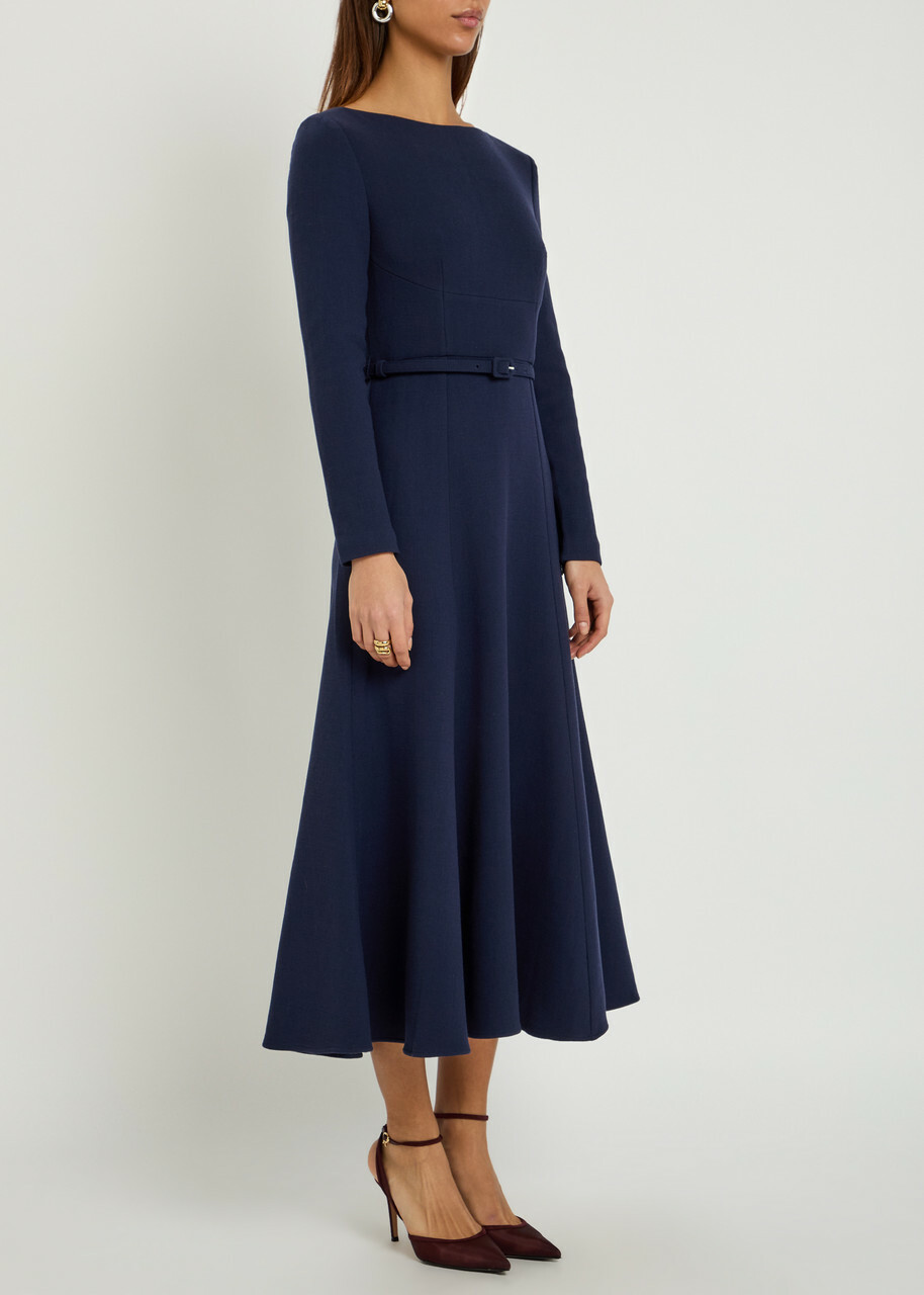 Roland Mouret Belted Wool Midi Dress Navy