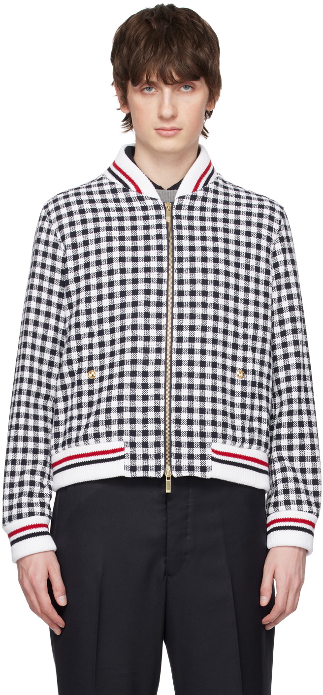 Thom Browne Navy & White Gingham Bomber Jacket Thom Browne