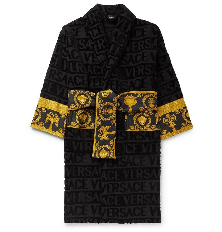 Photo: Versace - Poplin-Panelled Logo-Jacquard Cotton-Terry Robe - Black