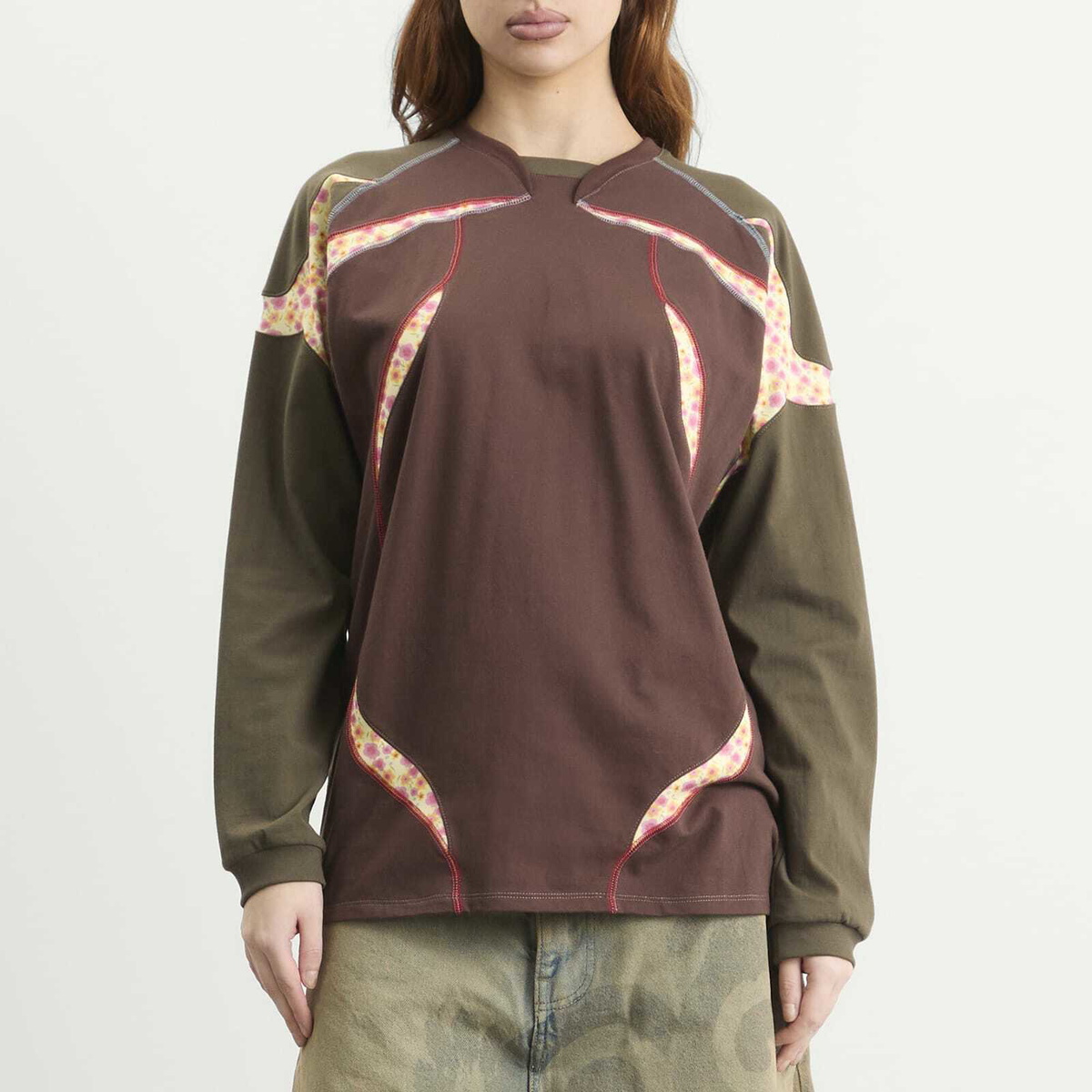 Paolina Russo Women's Sport Jersey Long Sleeve Top in Brown/Flower