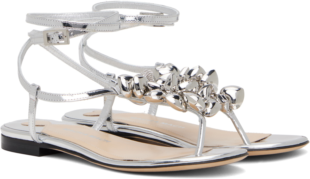 MACH & MACH Silver Puffy Heart Mirror Leather Thong Sandals
