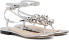 MACH & MACH Silver Puffy Heart Mirror Leather Thong Sandals