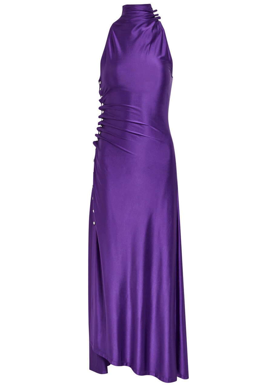 Rabanne Ruched Asymmetric Stretch-jersey Maxi Dress Violet