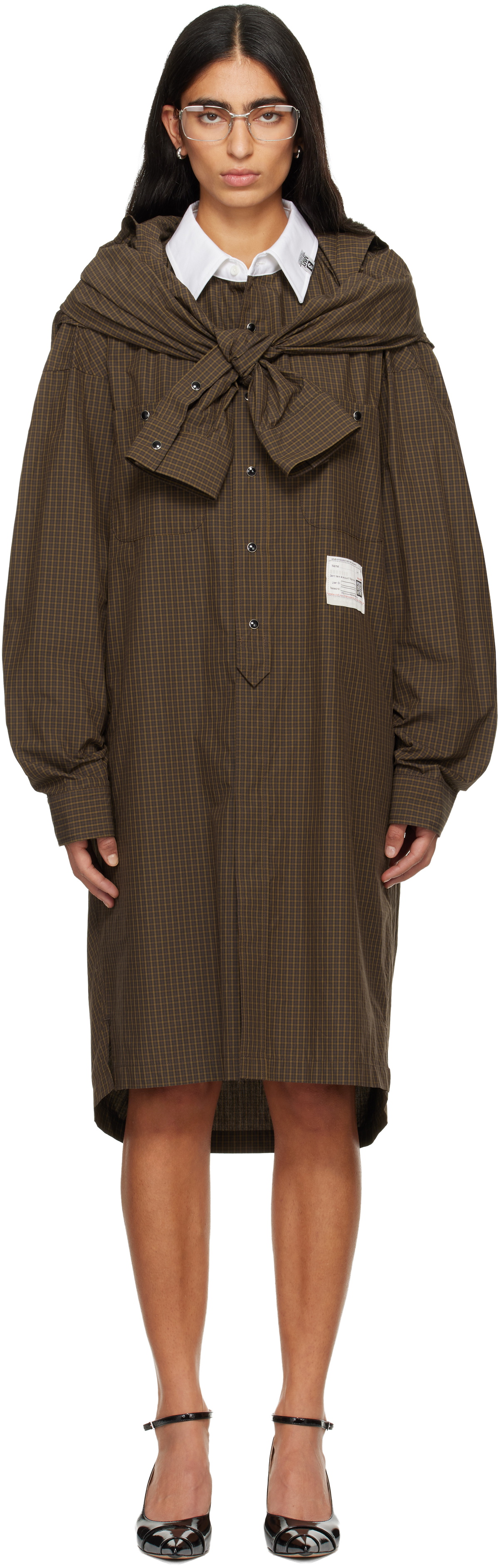 Maison MIHARA YASUHIRO Brown Sleeve Layered Check Shirt Midi Dress