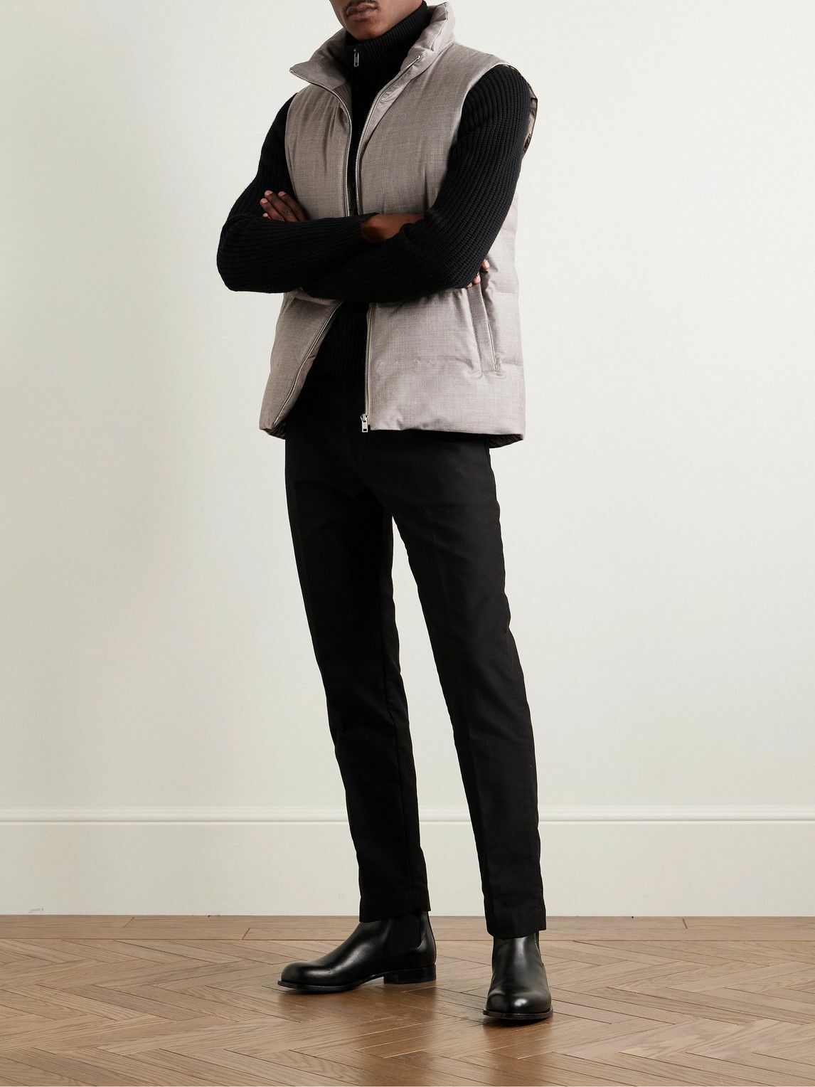 Yves Salomon - Leather-Trimmed Quilted Green Storm System® Wool and Silk-Blend Down Gilet - Gray