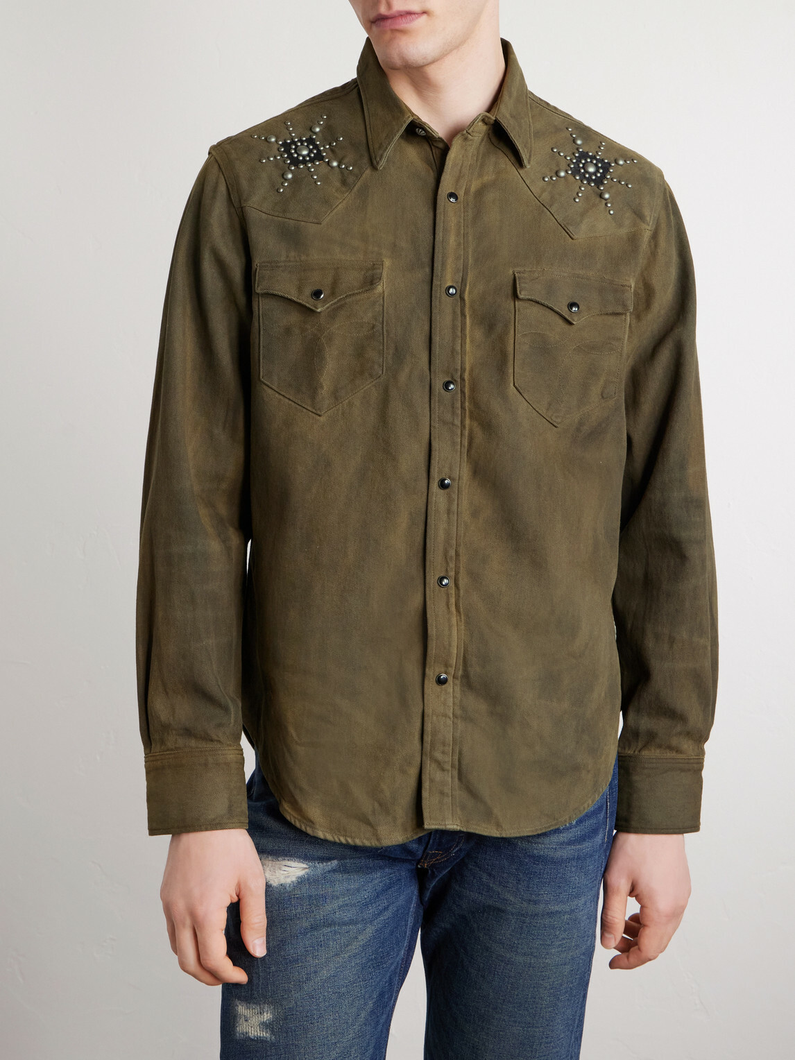 RRL - Buffalo West Studded Leather-Trimmed Denim Shirt - Brown