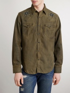 RRL - Buffalo West Studded Leather-Trimmed Denim Shirt - Brown