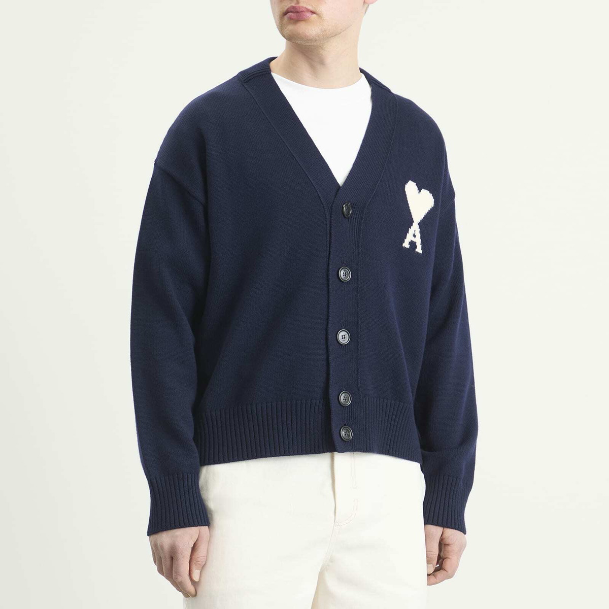 AMI Paris Men's Cardigan With Contrasted Ami De Coeur in Encre