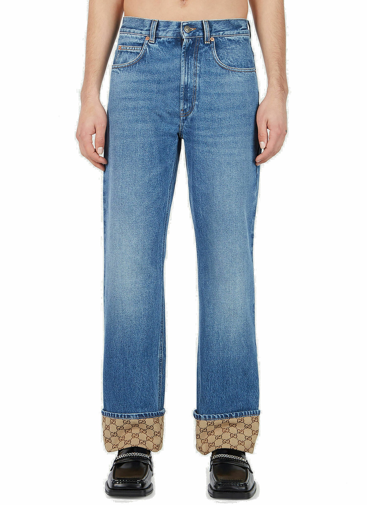 GUCCI Jeans Men, Denim trousers with GG cuff Blue