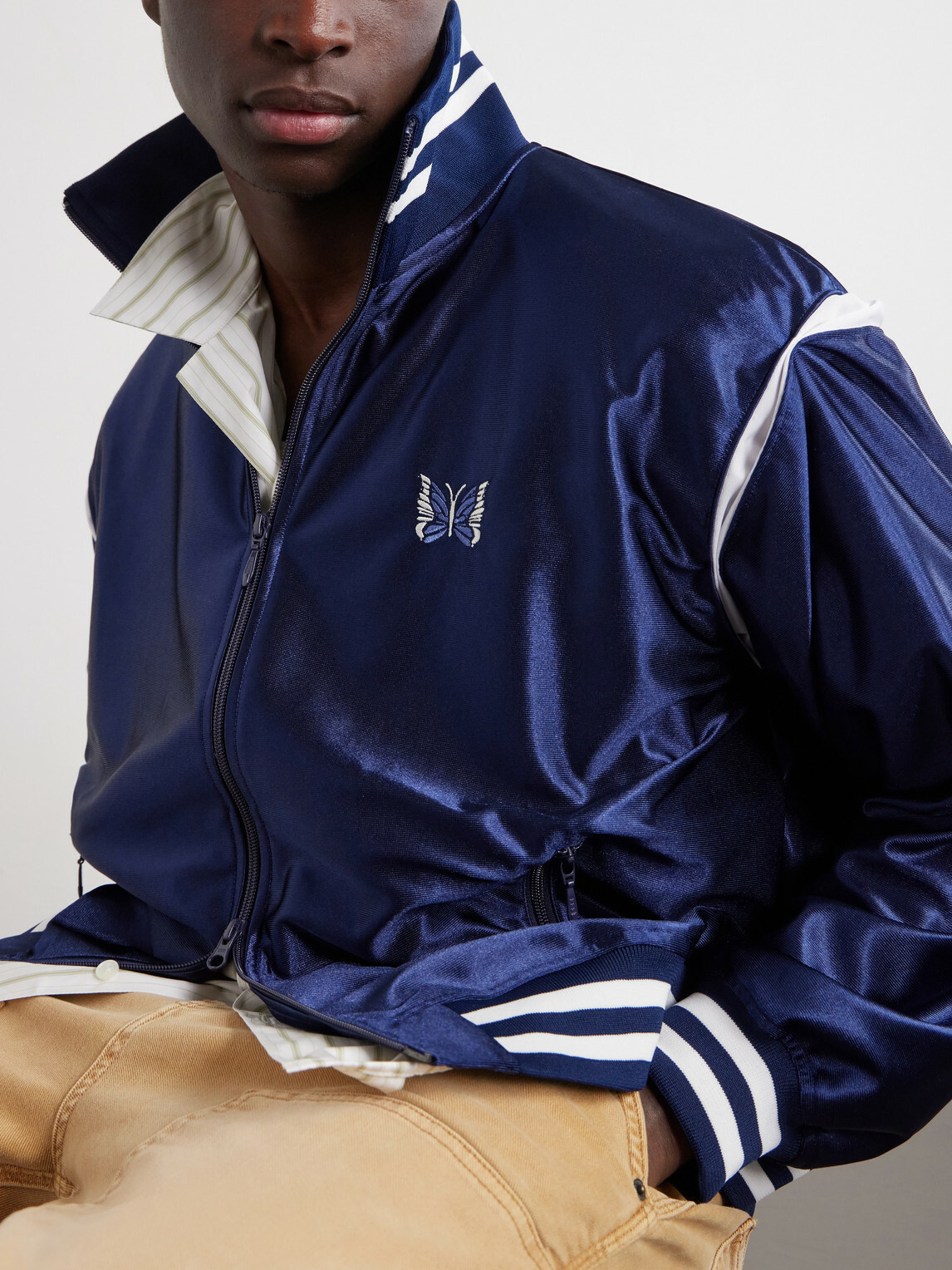 Needles - Logo-Embroidered Striped Satin Track Jacket - Blue Needles