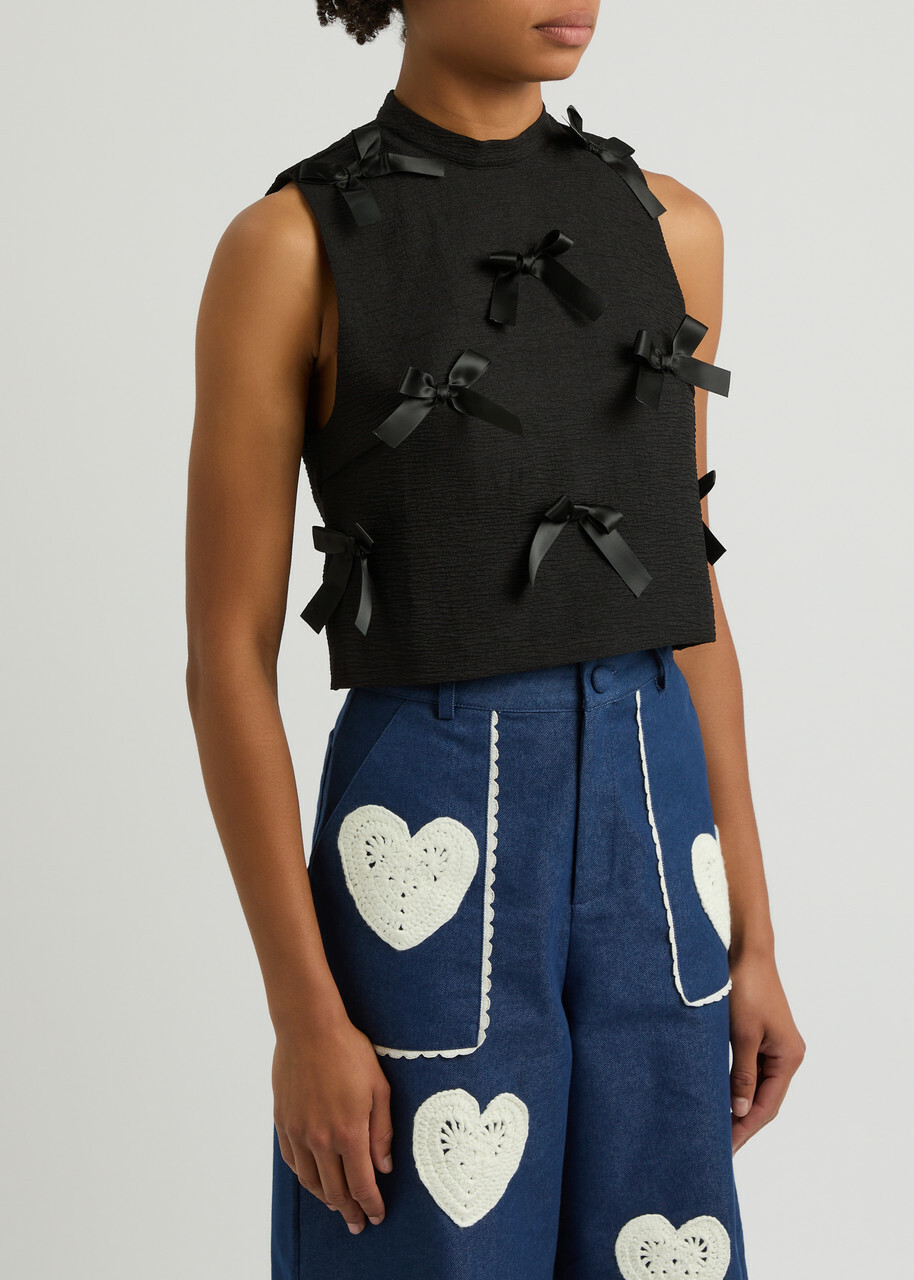Sister Jane Birdie Bow-appliqué Cloqué Tank Black
