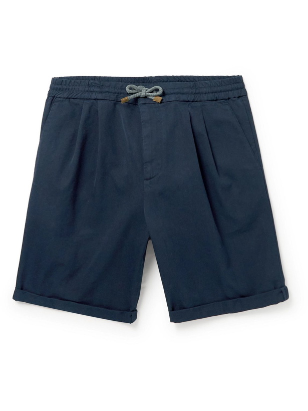 Photo: Brunello Cucinelli - Straight-Leg Pleated Cotton-Twill Drawstring Shorts - Blue