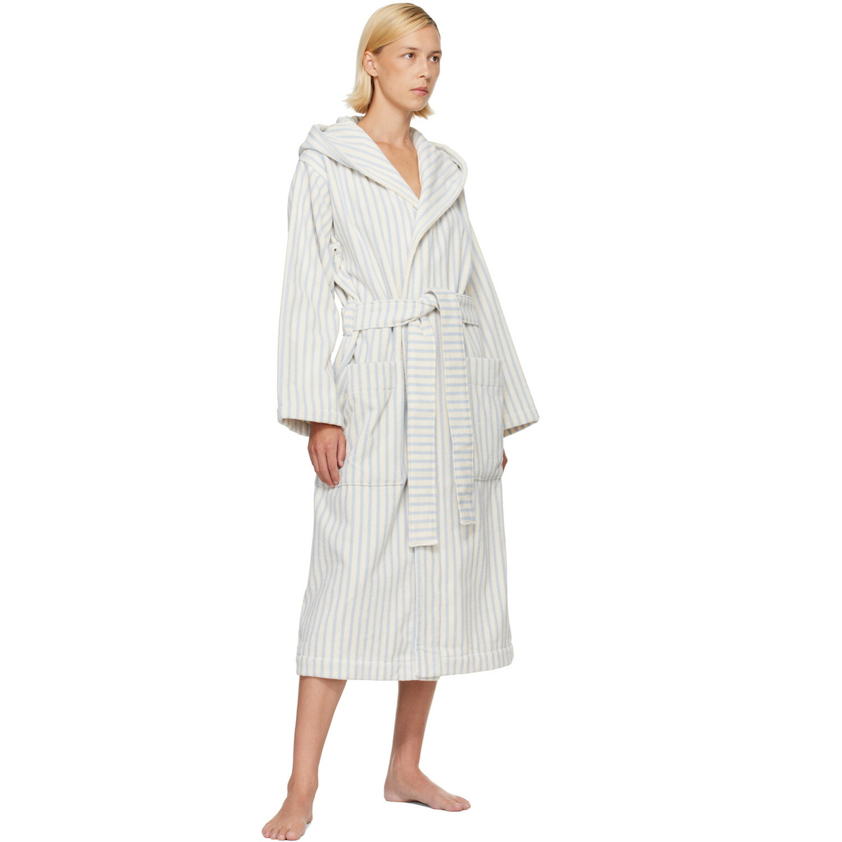 Tekla White & Blue Terry Hooded Bathrobe