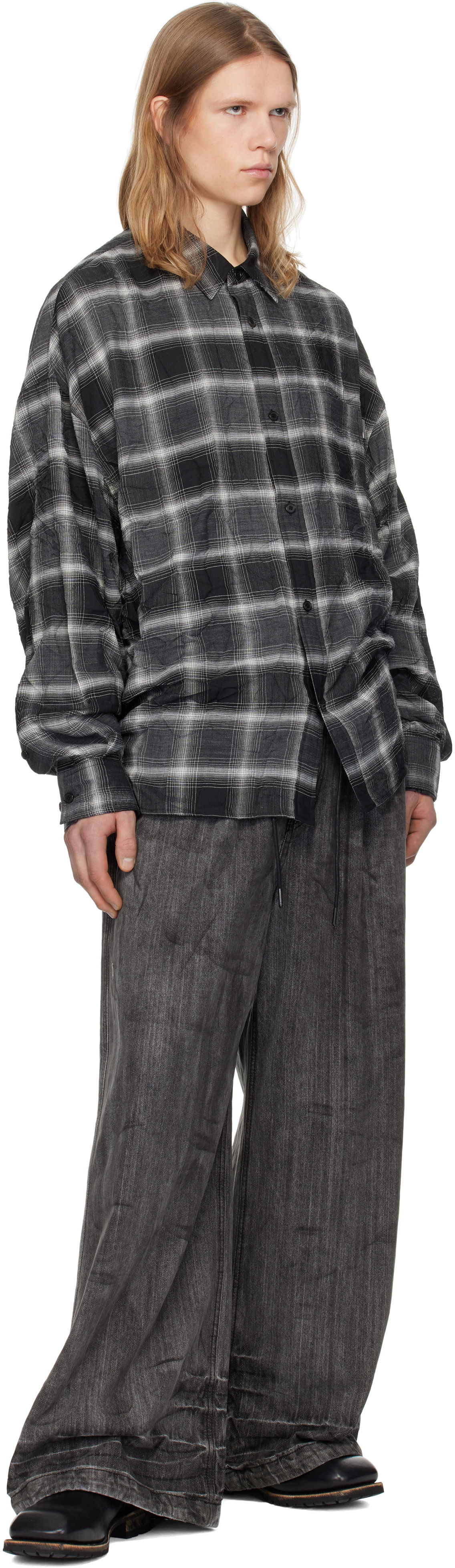 Juun.J Gray Crinkled Check Shirt
