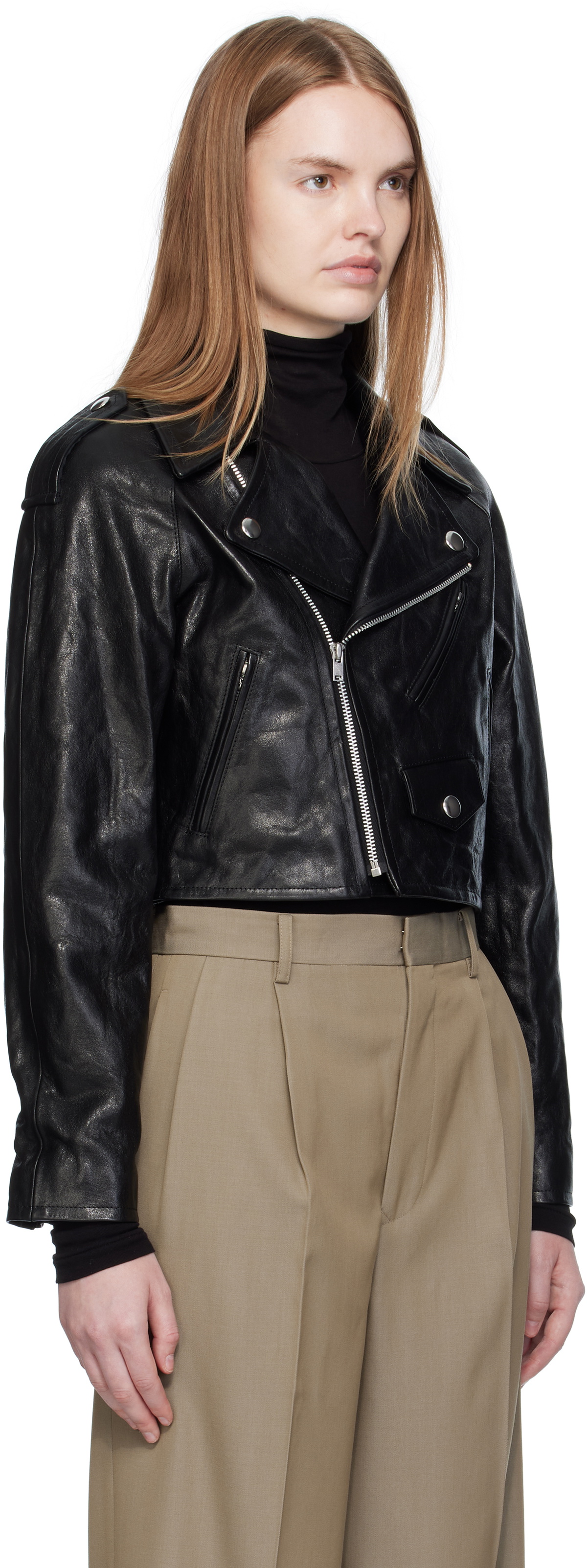 AURALEE Black Cropped Riders Lamb Leather Jacket Auralee