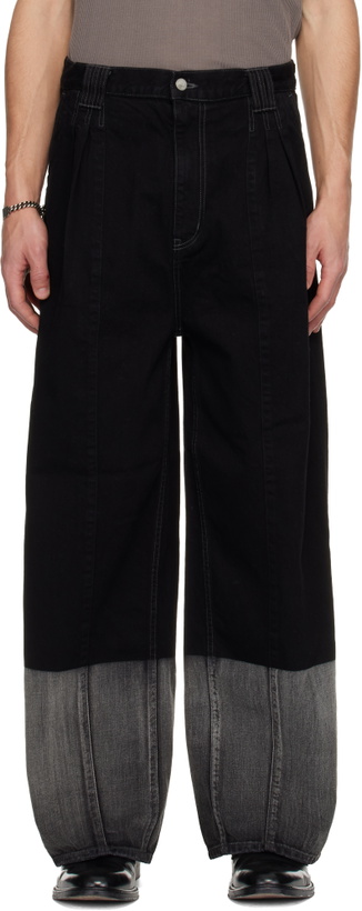 Photo: YOKE Black Laser Processed Wide-Leg Buggy Jeans