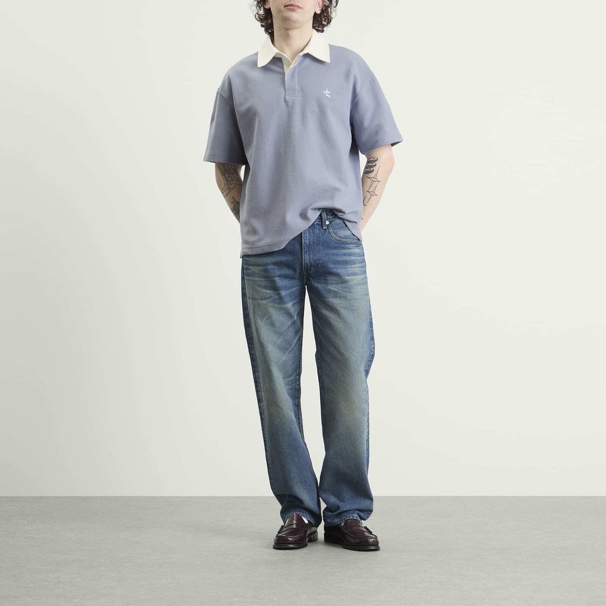 Le Père Men's Short Sleeve Rugby Polo in Blue Grey