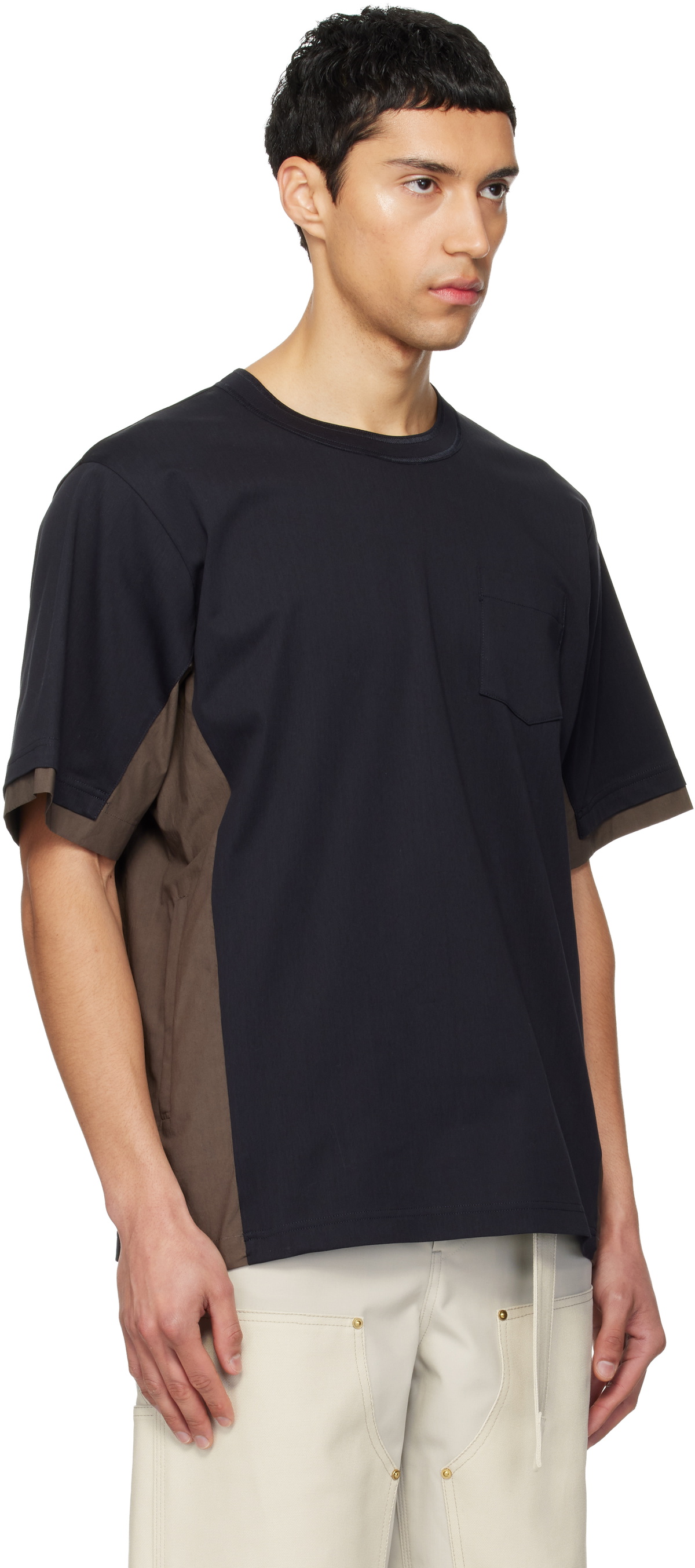 sacai Navy & Taupe Cotton Typewriter & Cotton Jersey T-shirt