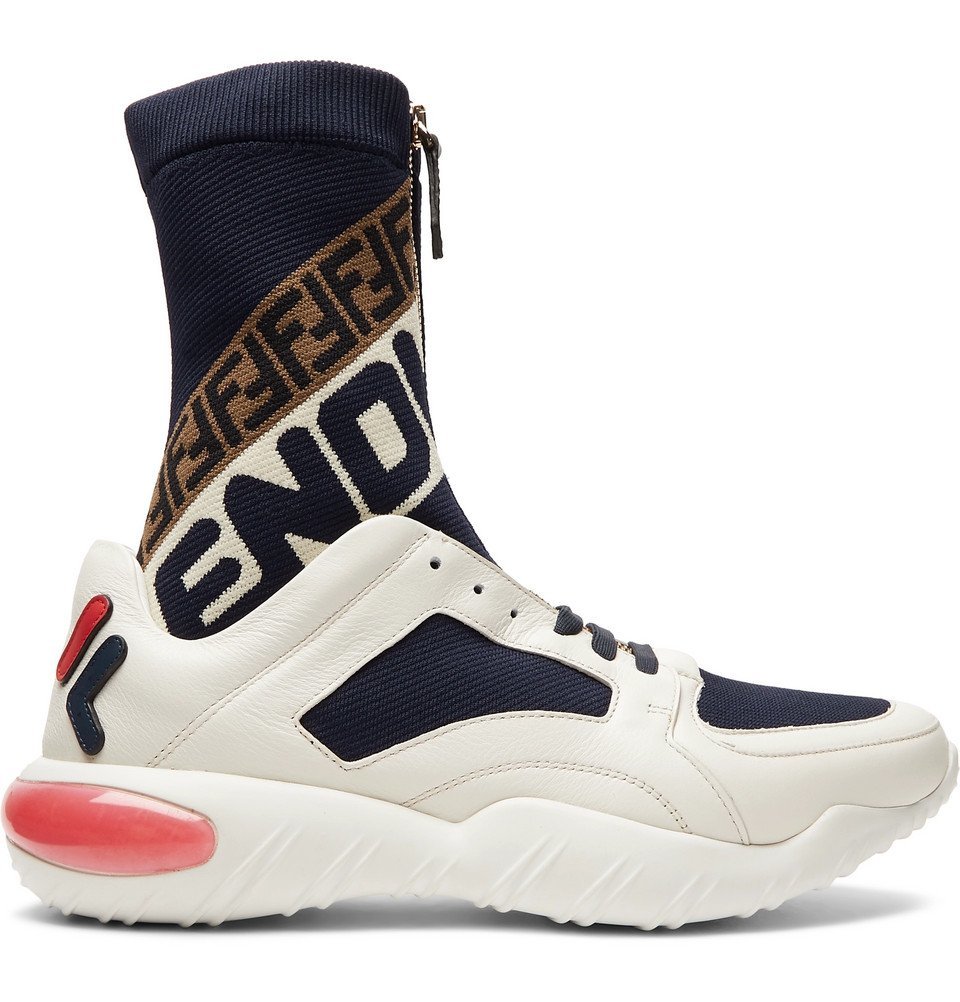 Fendi Logo Jacquard Stretch Knit Panelled Leather High Top