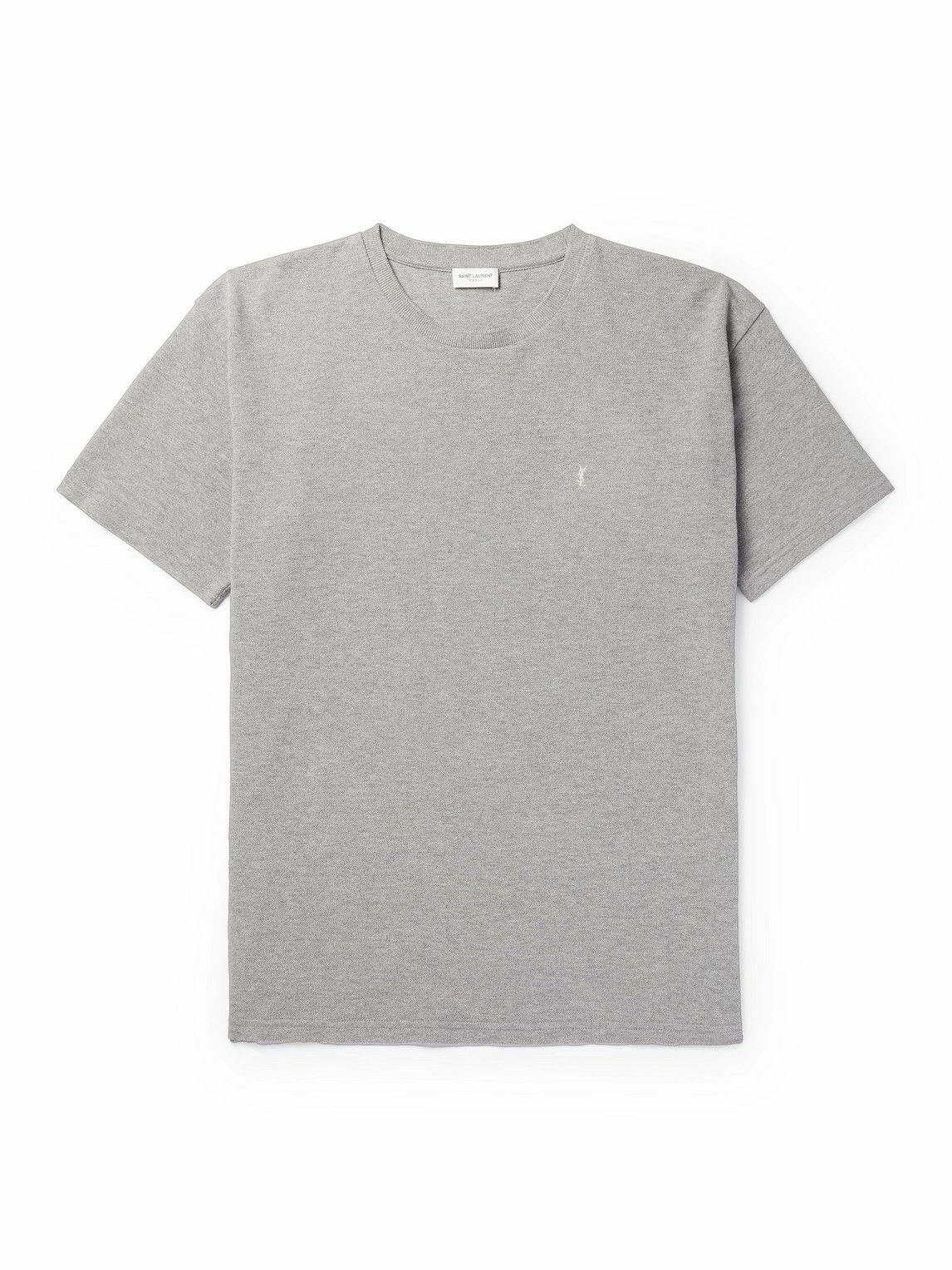 SAINT LAURENT Logo Embroidered Cotton Blend Piqu T Shirt Gray