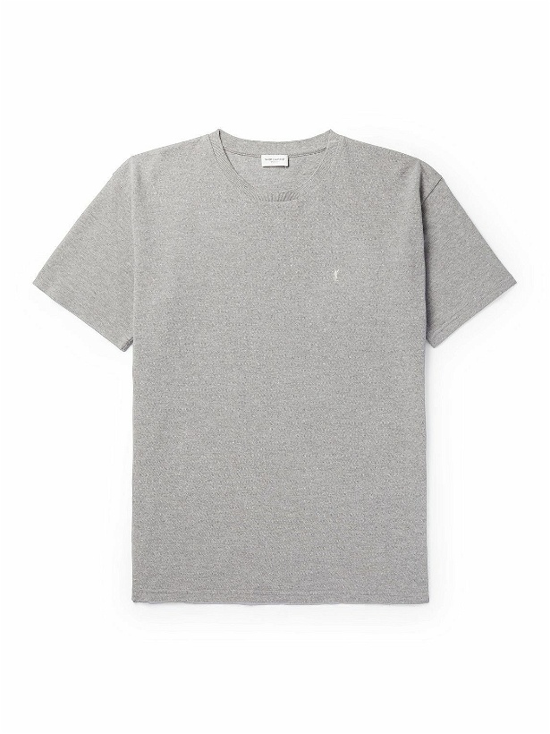 Photo: SAINT LAURENT - Logo-Embroidered Cotton-Blend Piqué T-Shirt - Gray