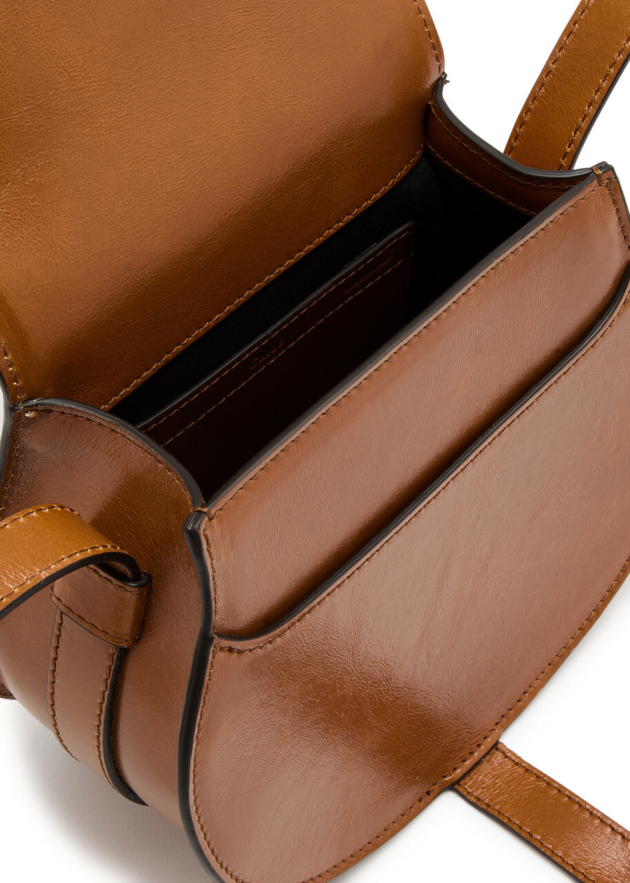 Chloe - Women's Brown Marcie Small Glossed Leather Saddle Bag - Ring Fastening & Adjustable Shoulder Strap - One Size