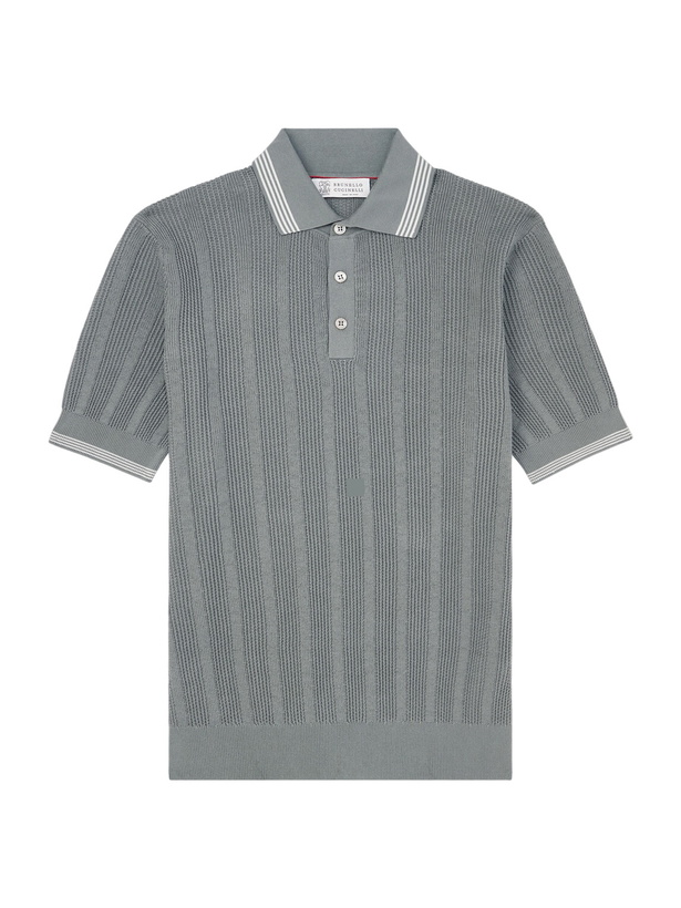 Photo: Brunello Cucinelli - Striped Pointelle-Knit Cotton Polo Shirt - Green