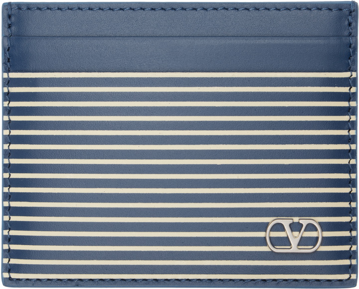 Photo: Valentino Garavani Navy & Off-White VLogo Signature Striped Print Card Holder