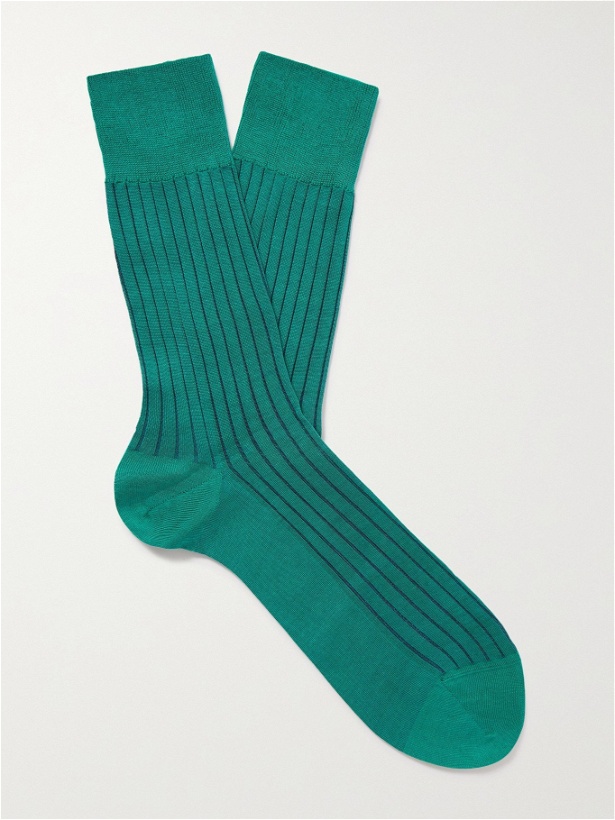 Photo: FALKE - Shadow Ribbed Striped Cotton-Blend Socks - Green
