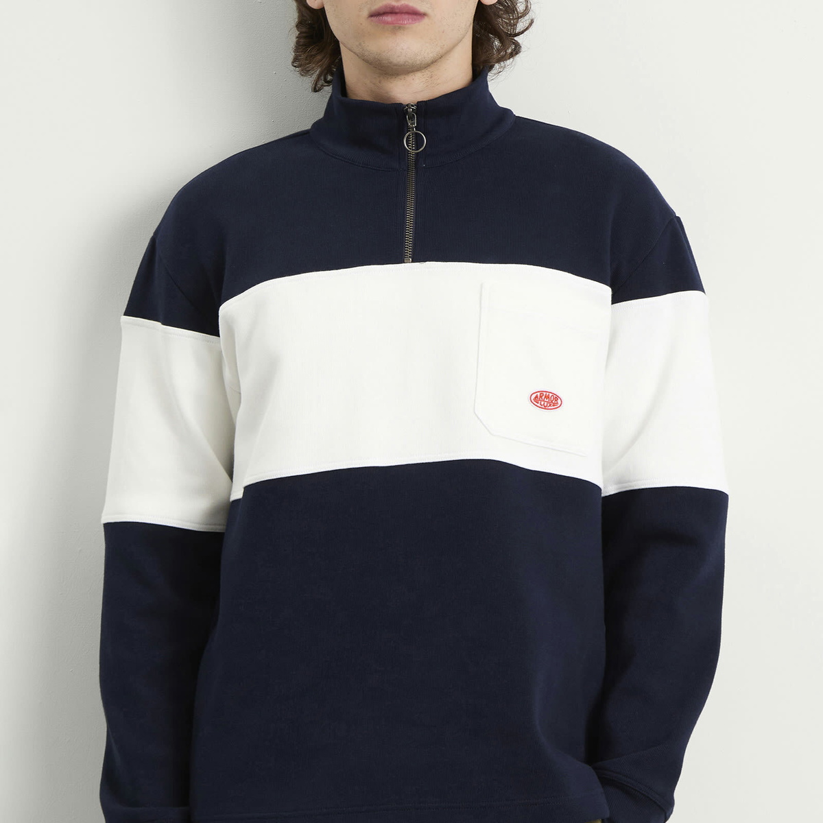 Armor-Lux Men's Stripe Half Zip Sweatshirt in Marine Deep/Milk