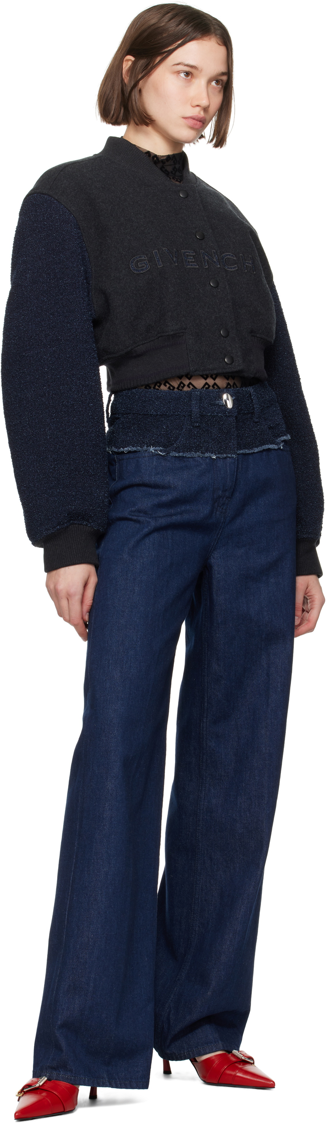 Givenchy Navy & Gray Cropped Varsity Bomber Jacket