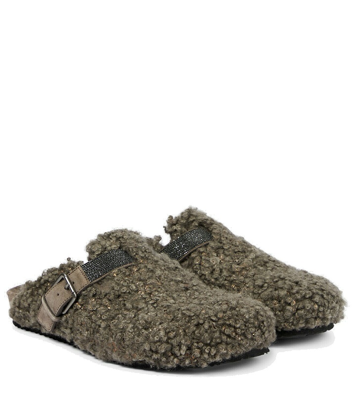 Photo: Brunello Cucinelli Embellished shearling slippers