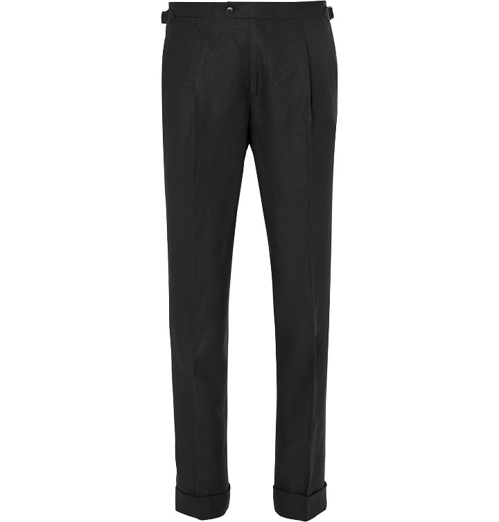 Photo: Saman Amel - Black Tapered Pleated Linen Suit Trousers - Black