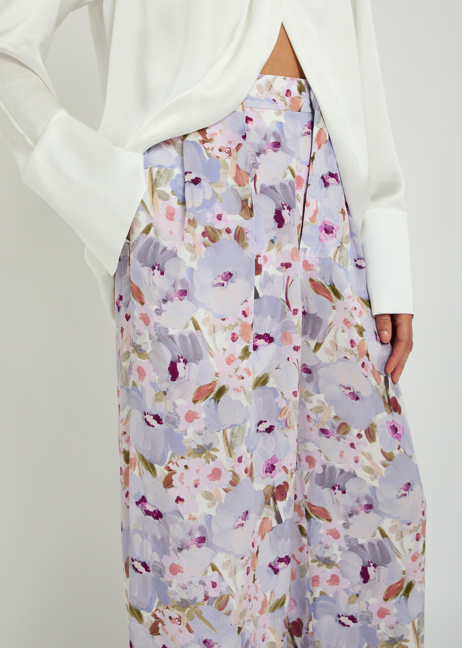 Balmain Floral-print Wide-leg Silk Trousers White