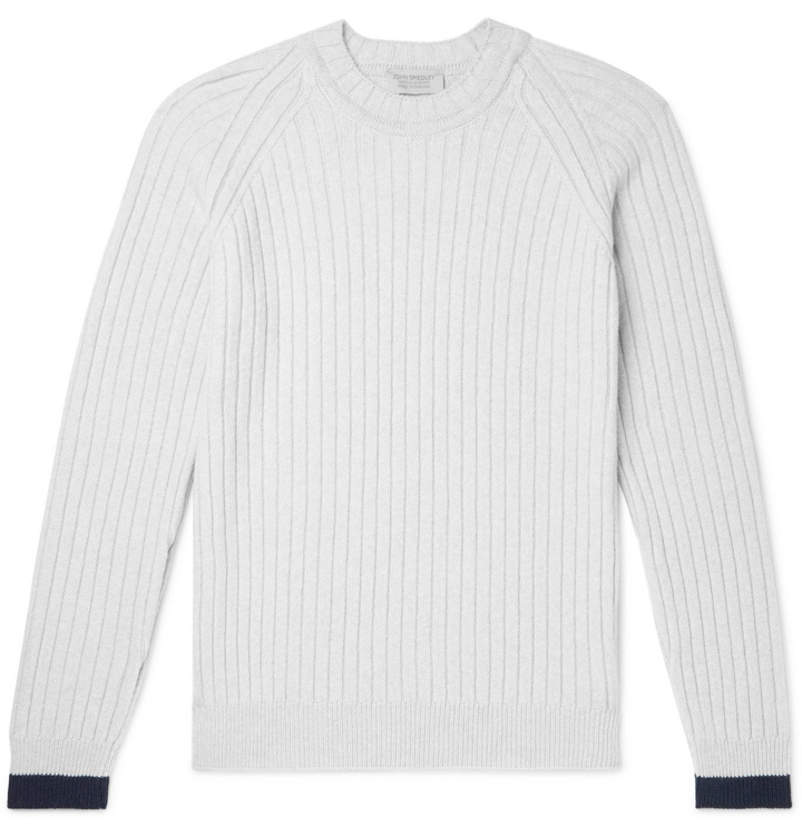 Photo: John Smedley - Ezra Contrast-Tipped Ribbed Merino Wool and Cashmere-Blend Sweater - Gray